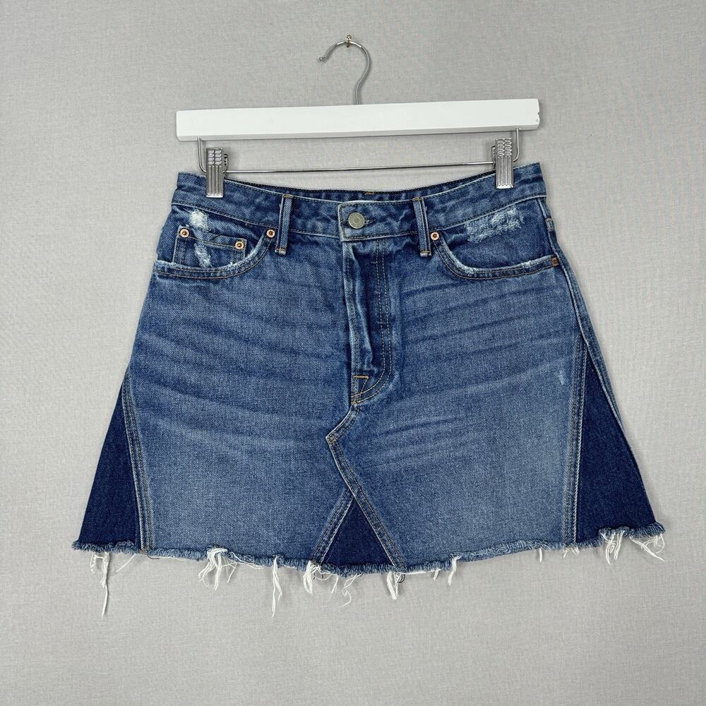 GRLFRND‎ Womens Jean Skirt Sir Duke Blue 27 Eva A-Line Distressed Button Fly Y2K